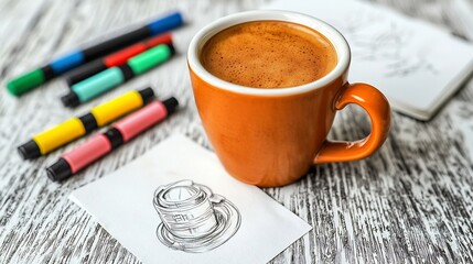 Cozy Designer s Workspace with Coffee Sketches and Vibrant Markers