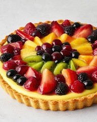 A delightful fruit tart with empty space on the top for text, featuring a buttery crust filled with...