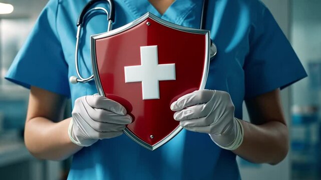 Healthcare Protection: A nurse confidently holds a shield bearing a medical cross, symbolizing safety and well-being in healthcare.  A powerful image representing security and medical assurance. 