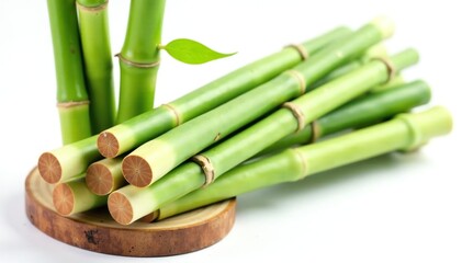 Obraz premium A bundle of fresh bamboo shoots with a rustic wooden base on a white background, shoot, natural
