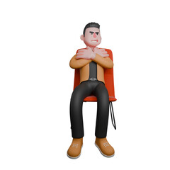 Professional Film Director Cartoon Creative 3D Character. A male director sits with his arms folded in front of his chest, a cold expression. Illustration Design