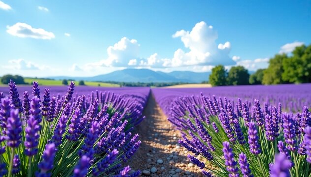 A field of lavender and thyme under clear blue sky, scenery, lavender, nature