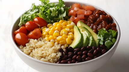 A burrito bowl overflowing with healthy ingredients such as quinoa, fresh greens, avocado, cherry tomatoes, black beans, and corn, presented on a textured white table,