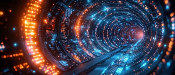 futuristic digital pipeline glowing blue matrix binary code in cyberspace technology network