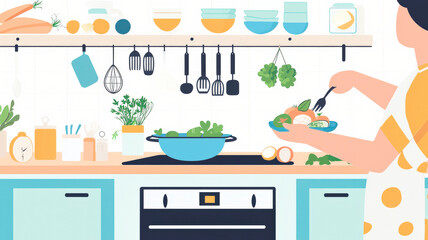 Modern kitchen scene with a person preparing a healthy meal, featuring fresh ingredients on the counter, bright and clean atmosphere, with space for cooking tips or product ads.