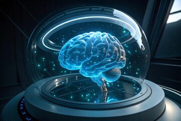 This is a creative technology wallpaper illustration of an AI brain with glowing blue synapses inside a futuristic, glowing, circular chamber.