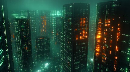 Fototapeta premium Futuristic Cryptocurrency Data Center with Neon Glows and Aerial View