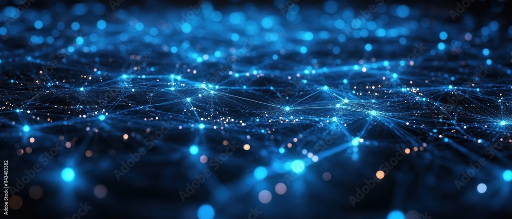 Poster futuristic digital landscape high-tech cyberpunk mesh network design with blue and silver gradients 