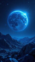 Blue atmosphere glowing on an exoplanet's surface, atmosphere, , glow effect