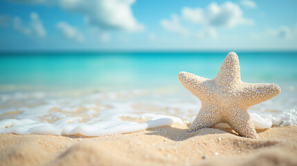 beach banner, copy space, starfish made of sand