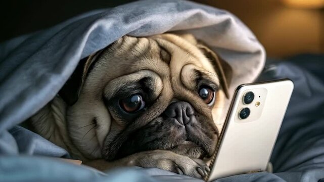 Sad pug wrapped in a blanket in bed staring at a smartphone with teary eyes. Emotional Pug at Night Crying. Lonely Dog Watching Phone with Tear on its eyes. Dramatic content, funny pet concept