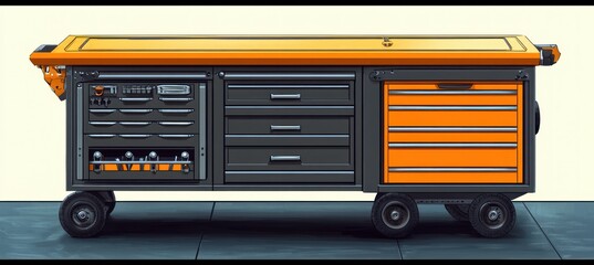 Hyper-Realistic Rolling Tool Cart with Storage Drawers in Orange and Grey Color Scheme