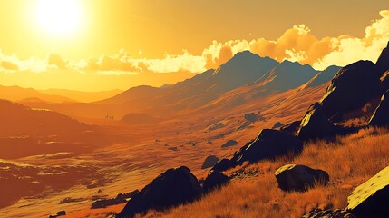 A tranquil golden hour scene with the sun setting over a mountain range, casting long shadows and highlighting the natural beauty of the rocky slopes and distant peaks 