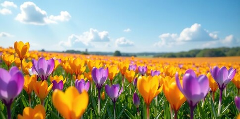 A colorful field of crocus flowers in shades of pink, yellow, and purple stretching towards the sky, outdoor scenery, wildflower field, nature