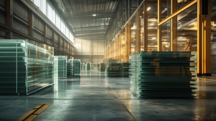 Fototapeta premium Stacks of glass sheets in a warehouse. Illustrates industrial glass production and storage.