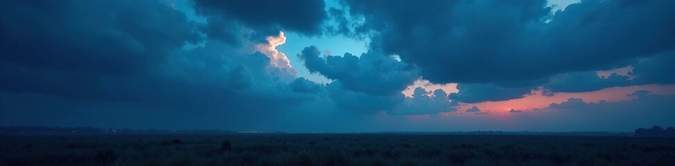 Clouds gathering over a vast, open field under an intense blue smokey twilight, distant landscape, eerie ambiance