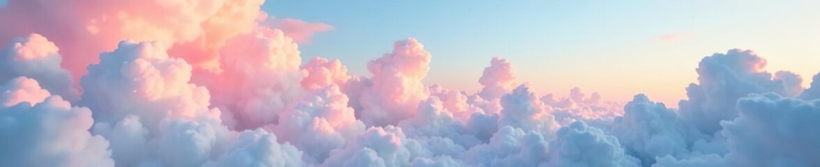 Cloudy skies with soft pink hue blending into blue heavens, gold, serene