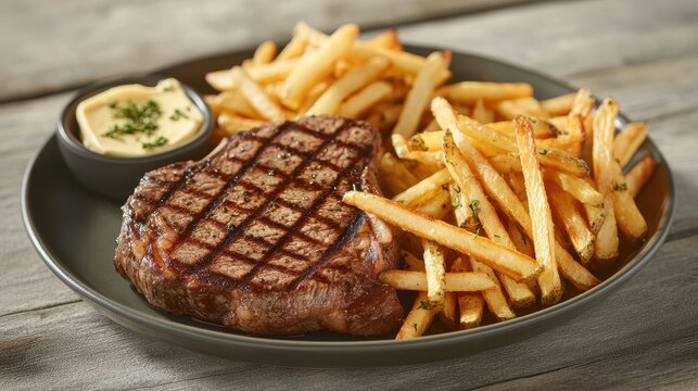 A mouth-watering steak frites with a juicy grilled steak and crispy fries, served on a stylish plate with a side of herb butter. The rich colors and hearty presentation emphasize flavor and 