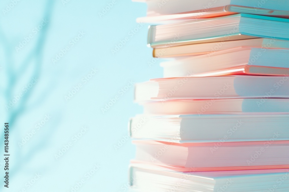 Poster surreal stacks dreamlike reflection of books with soft hues and glassy shine