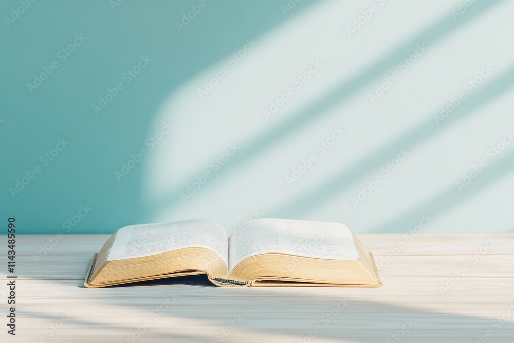 Aufkleber open book illuminated by sunlight on wooden surface in serene minimalist setting