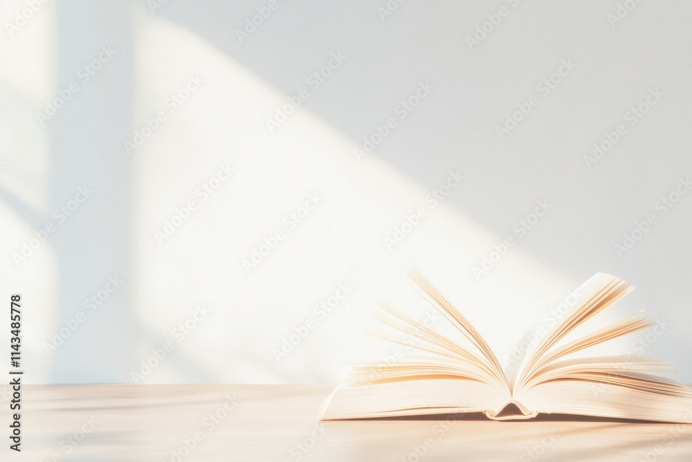 Poster dreamlike open book on sunlit table with soft reflections