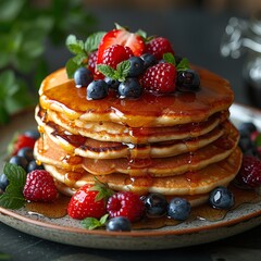 A stack of fluffy pancakes drizzled with syrup and topped with fresh berries. The perfect weekend breakfast!