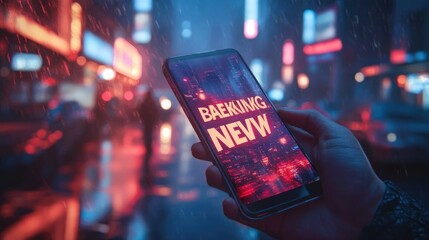 Breaking News Mobile Phone Displaying Real Time Media Coverage and Information Accessibility