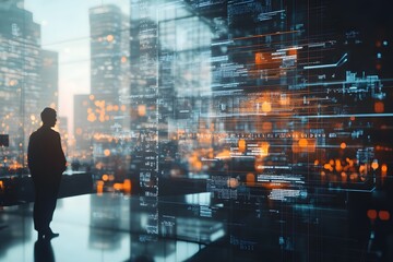 Businessman Contemplating Digital Data in Cityscape
