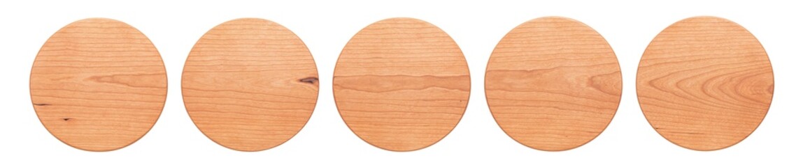 Five round cherry wood pallets arranged together. Joined texture round pallets. wooden board isolated on white