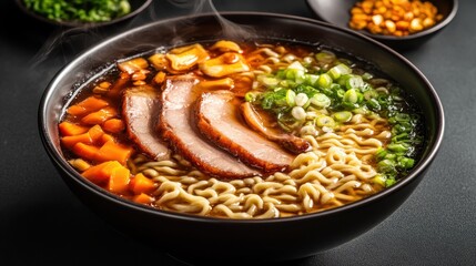 A steaming bowl of ramen with space on the top for text, featuring rich broth, noodles, vegetables, and sliced pork. The detailed presentation and warm colors emphasize comfort and satisfaction. 