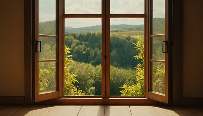 Naklejka premium A window open with a view of a beautiful green valley 669