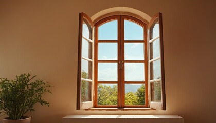 Fototapeta premium A window open with a view of a beautiful green valley 665
