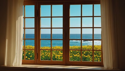 A window open with a view of a beautiful green valley
666