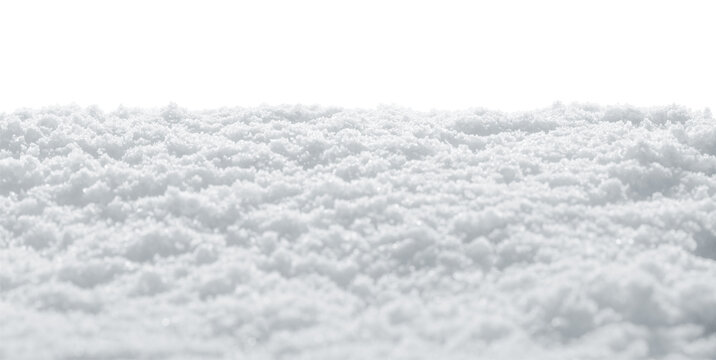 Real fluffy white snow sparkling in winter sunlight. Flat snow drift with transparent background.