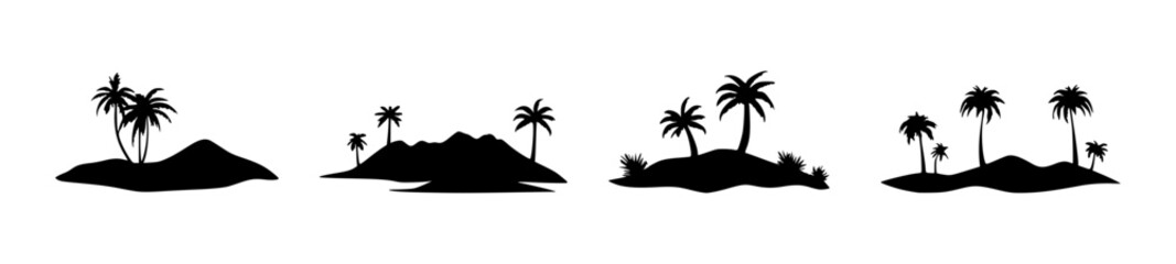 Silhouettes of tropical islands with palm trees, ideal for graphic design and illustration purposes.