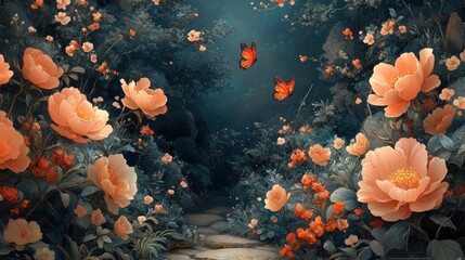 Peach blossoms, butterflies, dark garden path.