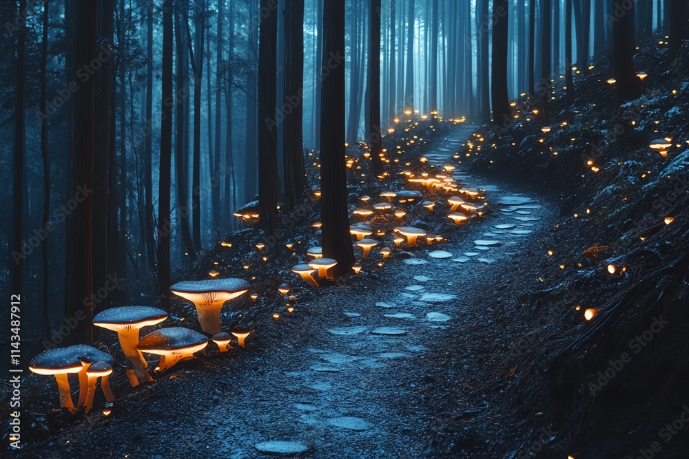 Aufkleber enchanted forest path illuminated by glowing mushrooms under a twilight sky.