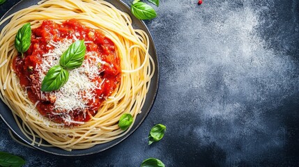 A traditional Italian pasta dish with space on the right side for text, featuring spaghetti in a rich tomato sauce with basil and Parmesan cheese. The rustic presentation and vibrant colors 