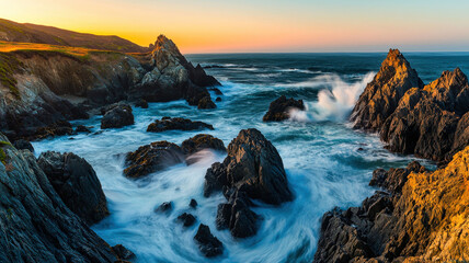 Obraz premium Ocean waves crashing against jagged rocks during golden hour, creating a serene coastal vibe. Ideal for environmental or travel-related messages. 