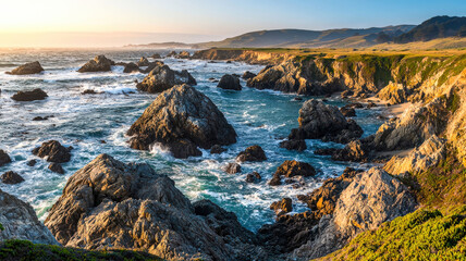 Fototapeta premium Ocean waves crashing against jagged rocks during golden hour, creating a serene coastal vibe. Ideal for environmental or travel-related messages. 