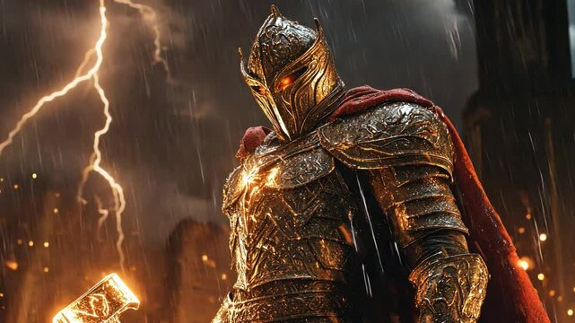 Storm Knight: A powerful warrior, clad in gleaming golden armor, stands defiant amidst a raging thunderstorm.  His unwavering gaze and mighty hammer command respect and awe.