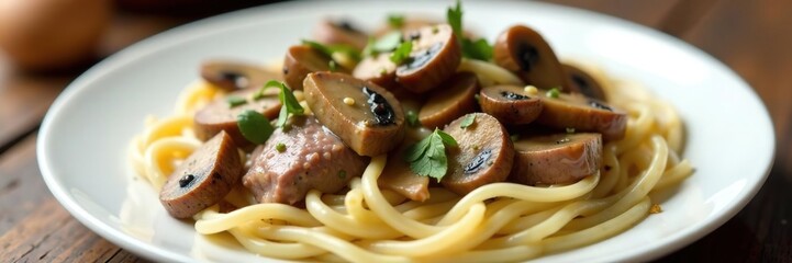 A detailed shot of the tender beef strips and saut?ed mushrooms in a creamy mushroom sauce served on a white plate, creamy, flavorful, comforting