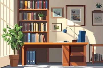 Office background with abstract elements such as office chairs and desk items.  A minimalist office space with white walls, simple furniture, and clean lines. The desk is clutter-free, line art vector
