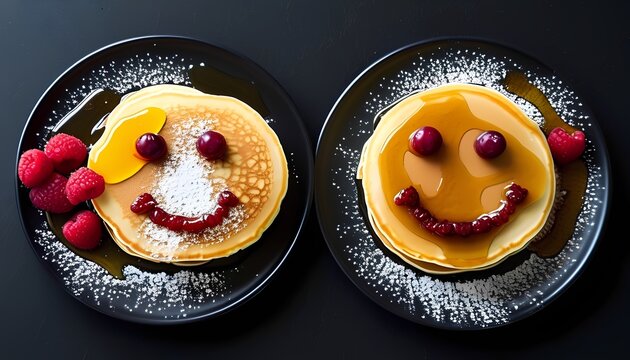 Delightful pancake faces kitchen food photography cozy environment top-down view happiness concept