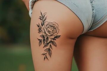 A woman has a tattoo of a rose on her butt