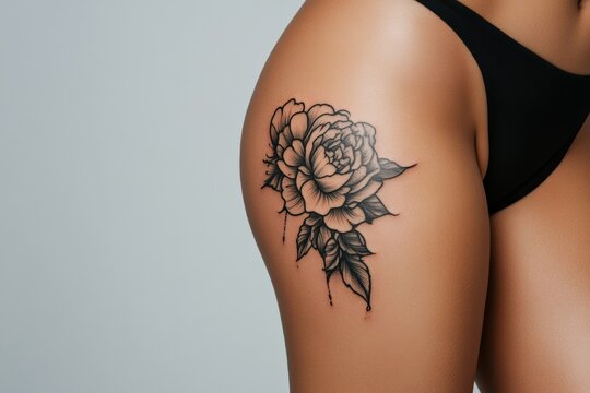 A woman has a tattoo of a flower on her leg