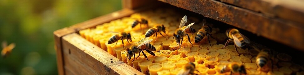 Aerial view of a beehive with bees flying out and in, aerial photography, colony, insect life