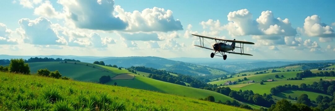 Aerial photograph of a vintage biplane flying low over a rolling green landscape with fluffy white clouds in the distance, nature, rolling hills, scenery