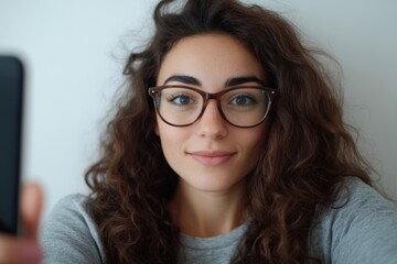 Obraz premium A woman with brown hair and glasses is taking a selfie