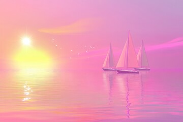Naklejka premium Serene Sailing at Sunset: Tranquil Water Reflection with Dreamy Hues of Pink and Gold, Two White Sailed Boats on a Calm Ocean in a Magical Atmosphere